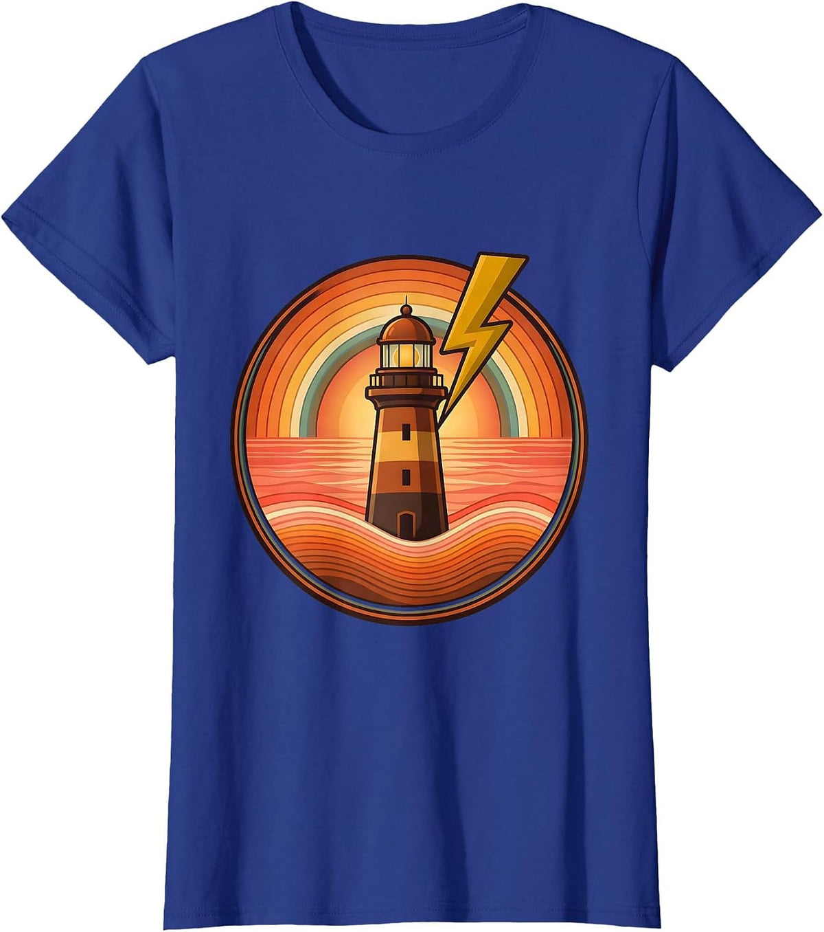 Women's Gulf Coast Lighthouse Lightning Storm Illustration T-Shirt - Royal Blue