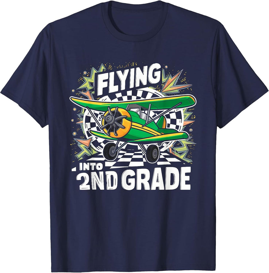 Flying Into 2nd Grade Airplane Pilot Back to School Kids T-Shirt - Navy Blue