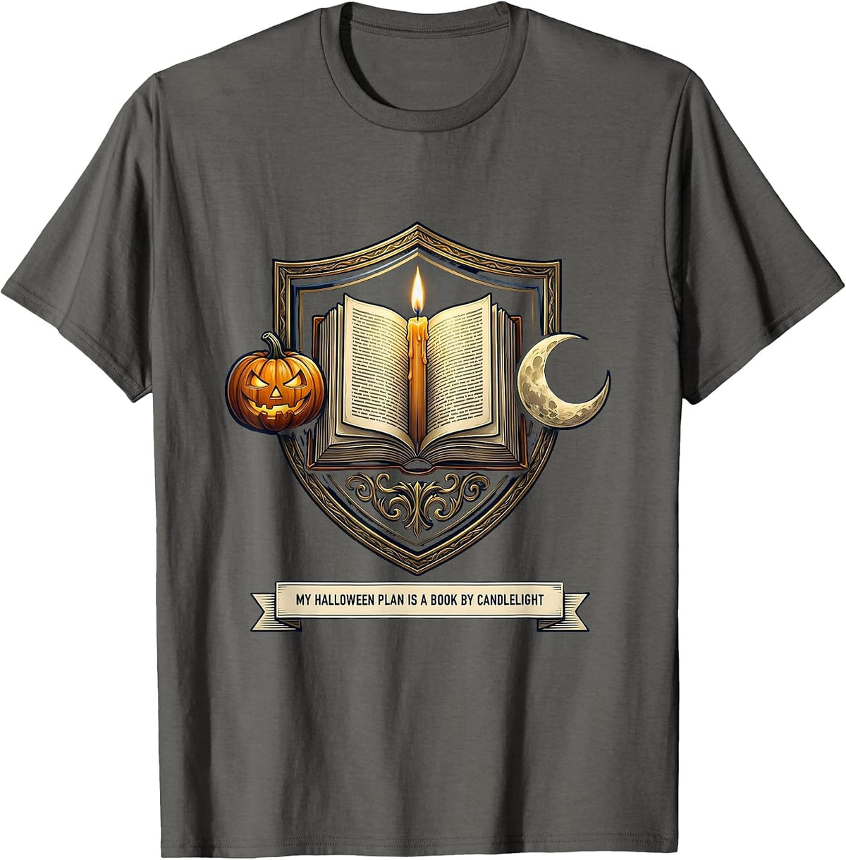 My Halloween Plan Is A Book By Candlelight Bookworm T-Shirt - Asphalt Grey