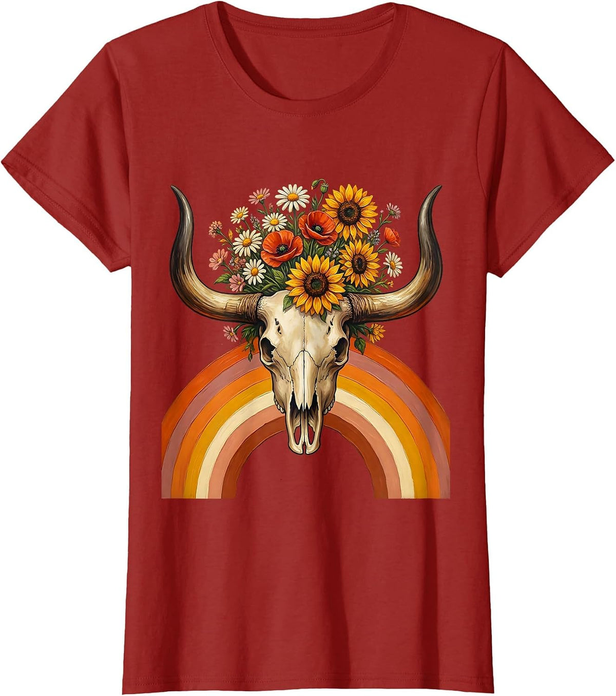 Women's Longhorn Skull Pastel Wildflowers Western Boho T-Shirt - Cranberry Red
