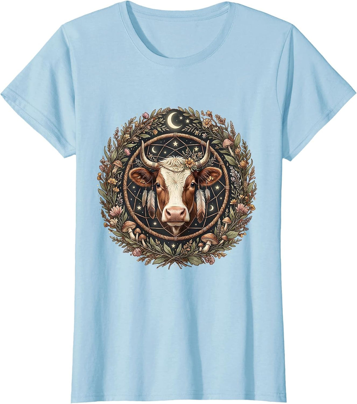 Women's Boho Cow Feathers and Dreamcatcher Graphic T-Shirt - Baby Blue