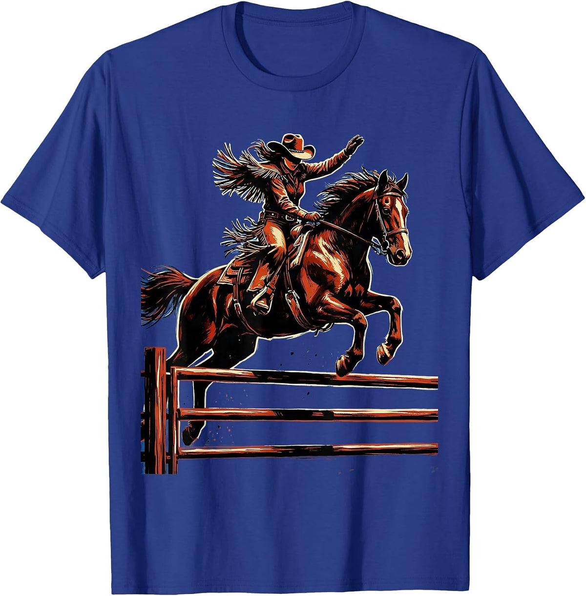 Cowgirl and Horse Leaping Fence Rodeo Graphic T-Shirt - Royal Blue