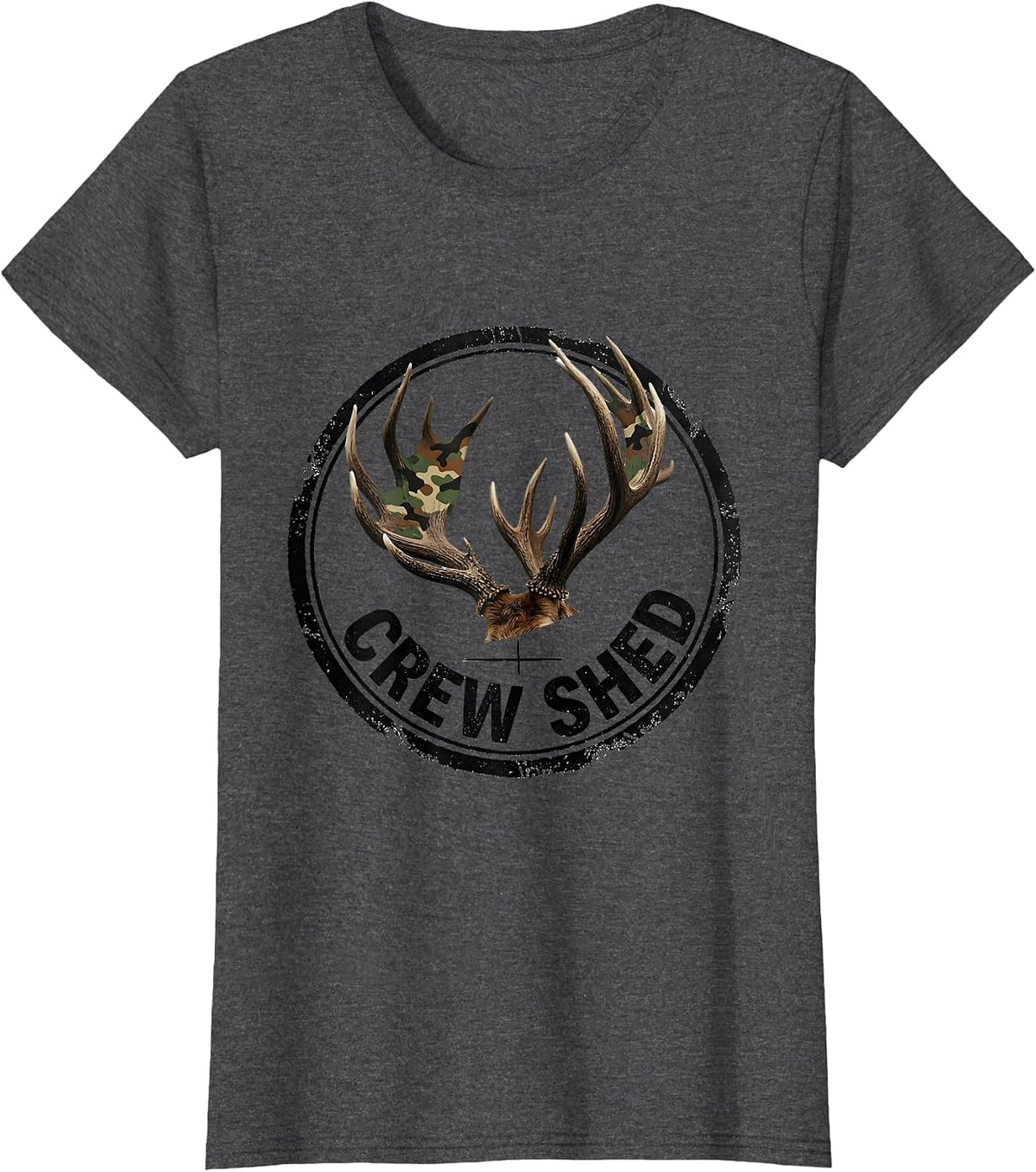 Women's Crew Shed Rubber Stamp Camo Deer Hunting Youth Humor T-Shirt - Dark Heather Grey