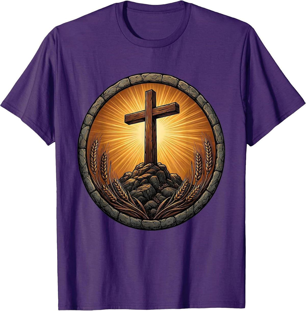 Wooden Cross on Rocky Hilltop Christian Design T-Shirt - Purple