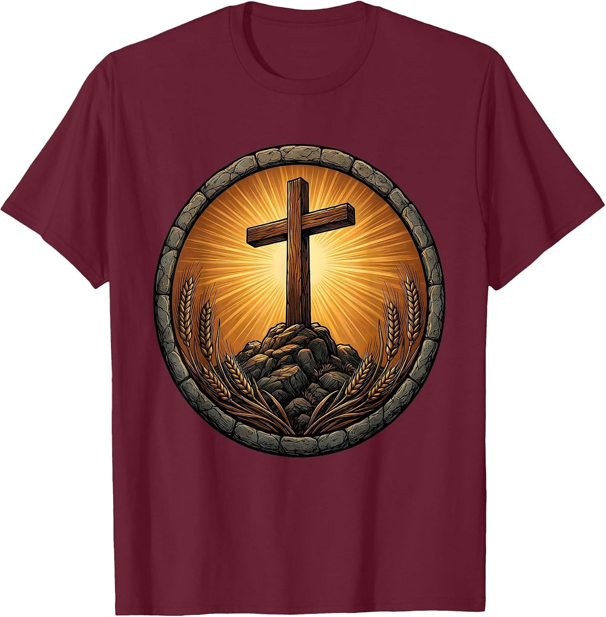 Wooden Cross on Rocky Hilltop Christian Design T-Shirt - Burgundy