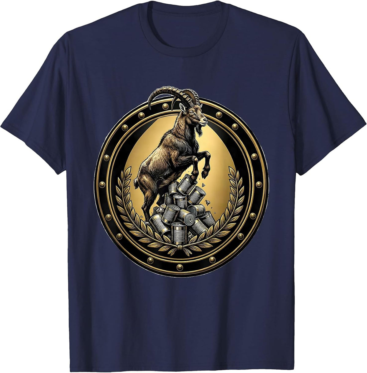 Goat Standing on Tin Can Tower Graphic T-Shirt - Navy Blue