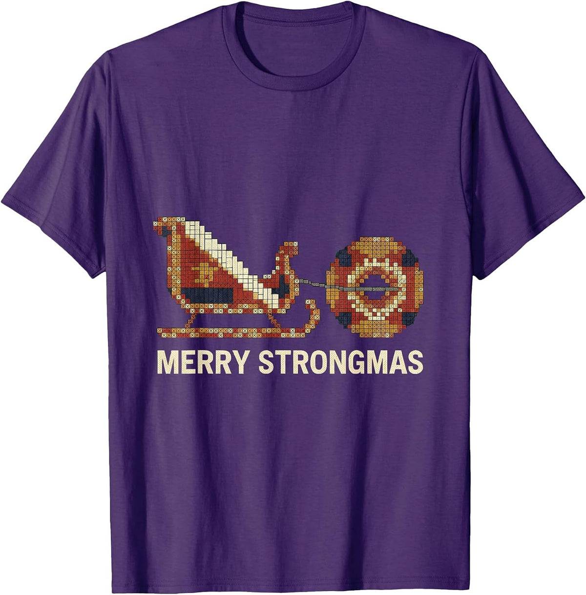 Merry Strongmas Cross Stitch Sampler Funny Christmas Gym T-Shirt - Purple