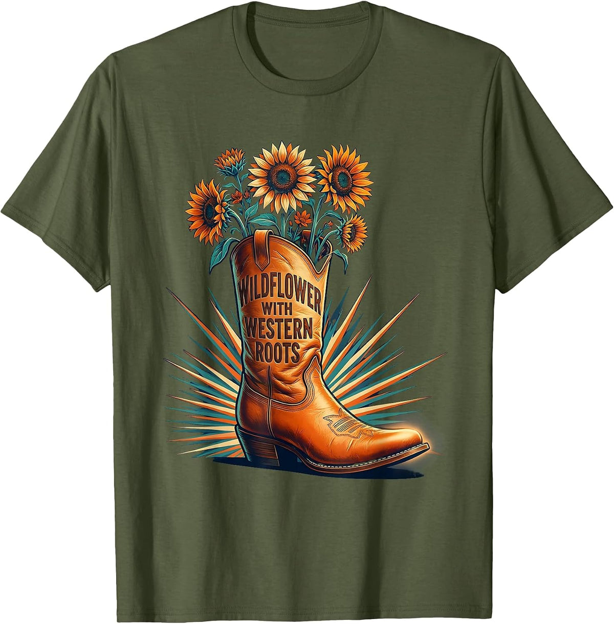 Wildflower With Western Roots Girls Western Design T-Shirt - Olive Green