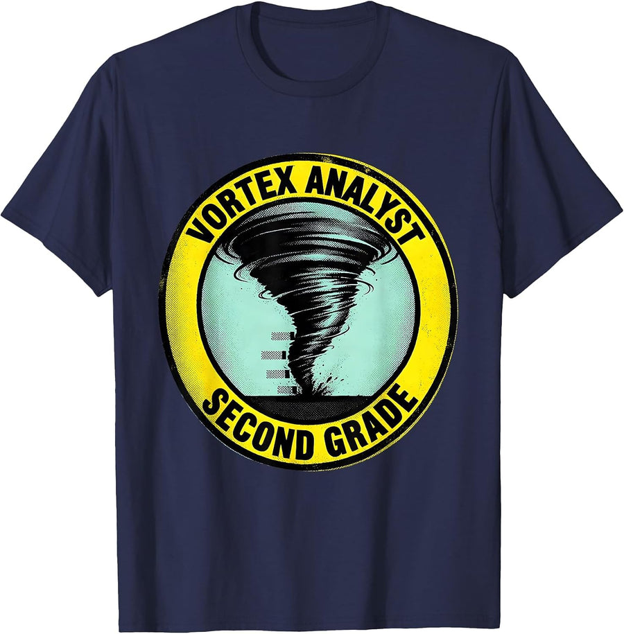 Vortex Analyst Second Grade Funny Storm Chaser Tornado T-Shirt - Navy Blue