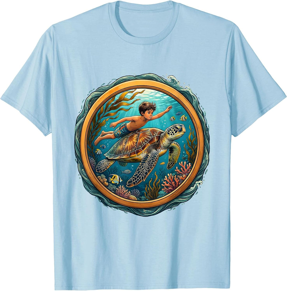 Men's Hawaiian Boy Swimming With Sea Turtle Underwater T-Shirt - Baby Blue