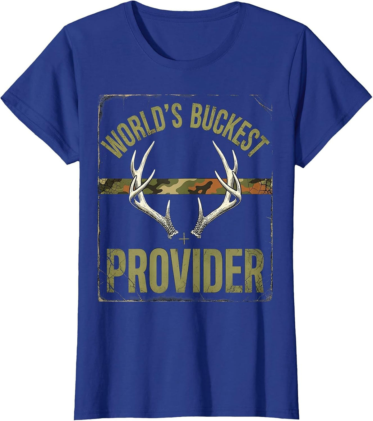 Women's World's Buckest Provider Distressed Deer Hunting Camo Dad T-Shirt - Royal Blue