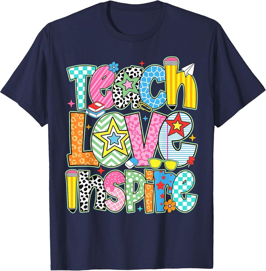 Teach Love Inspire Back to School Teacher Kids Boys Girls T-Shirt - Navy Blue
