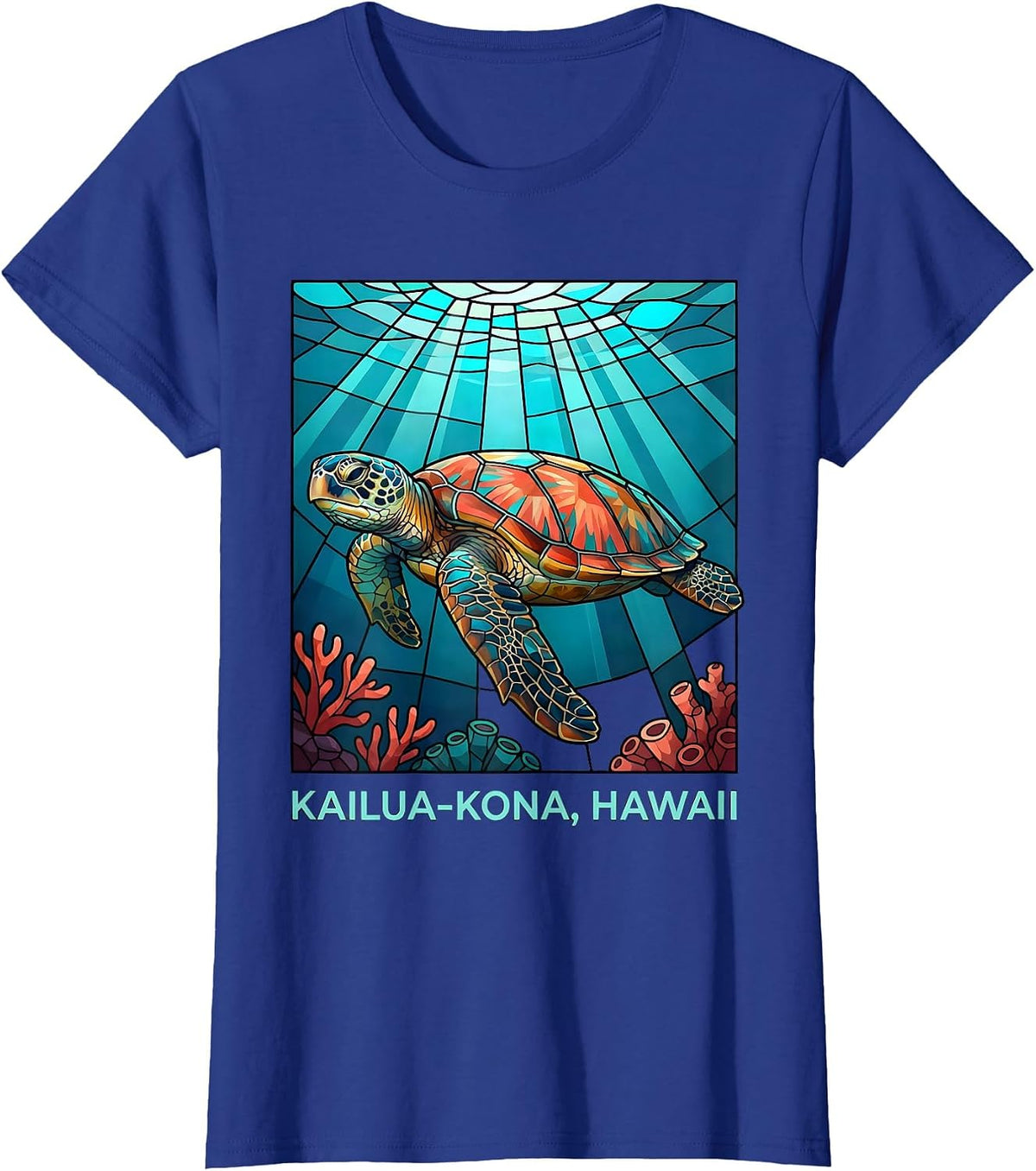 Women's Kailua-Kona, Hawaii Stained Glass Mosaic Sea Turtle Souvenir T-Shirt - Royal Blue
