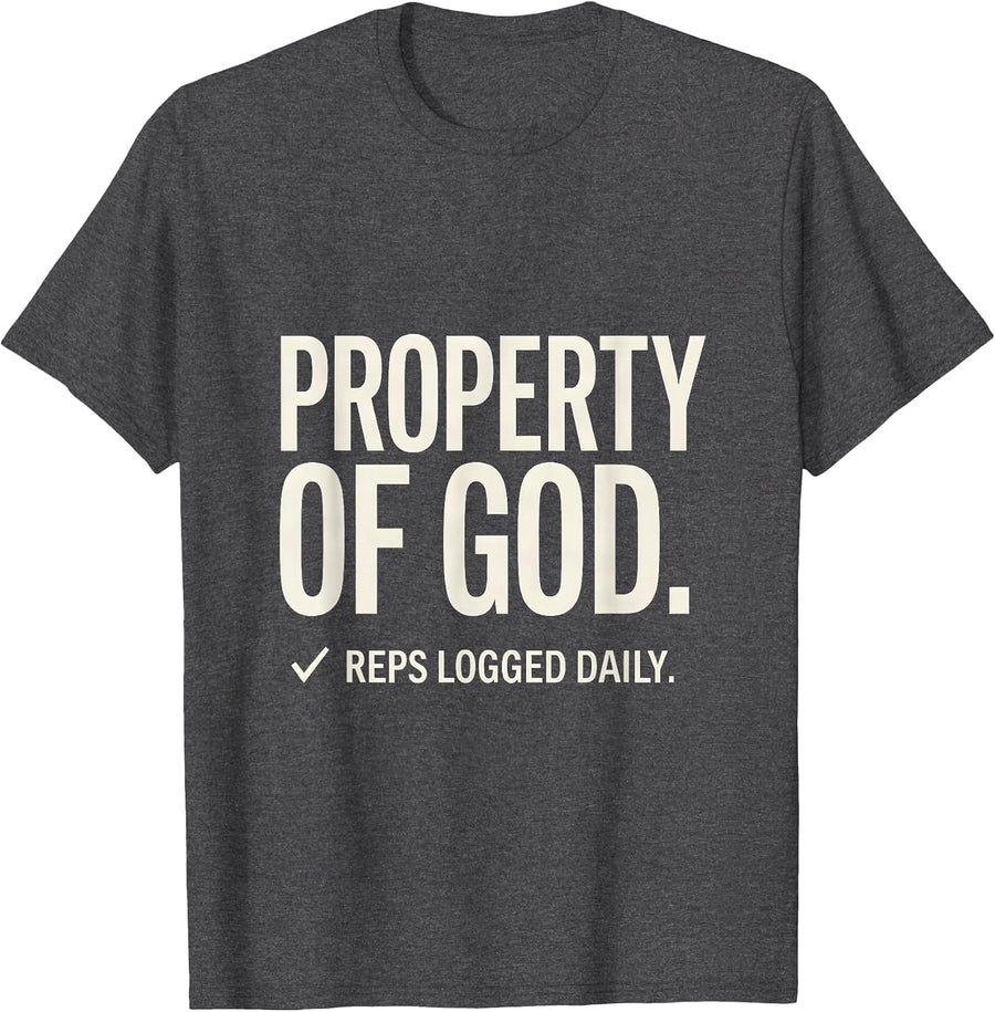 Men's Property Of God Reps Logged Daily Christian Gym Faith Humor T-Shirt - Dark Heather Grey