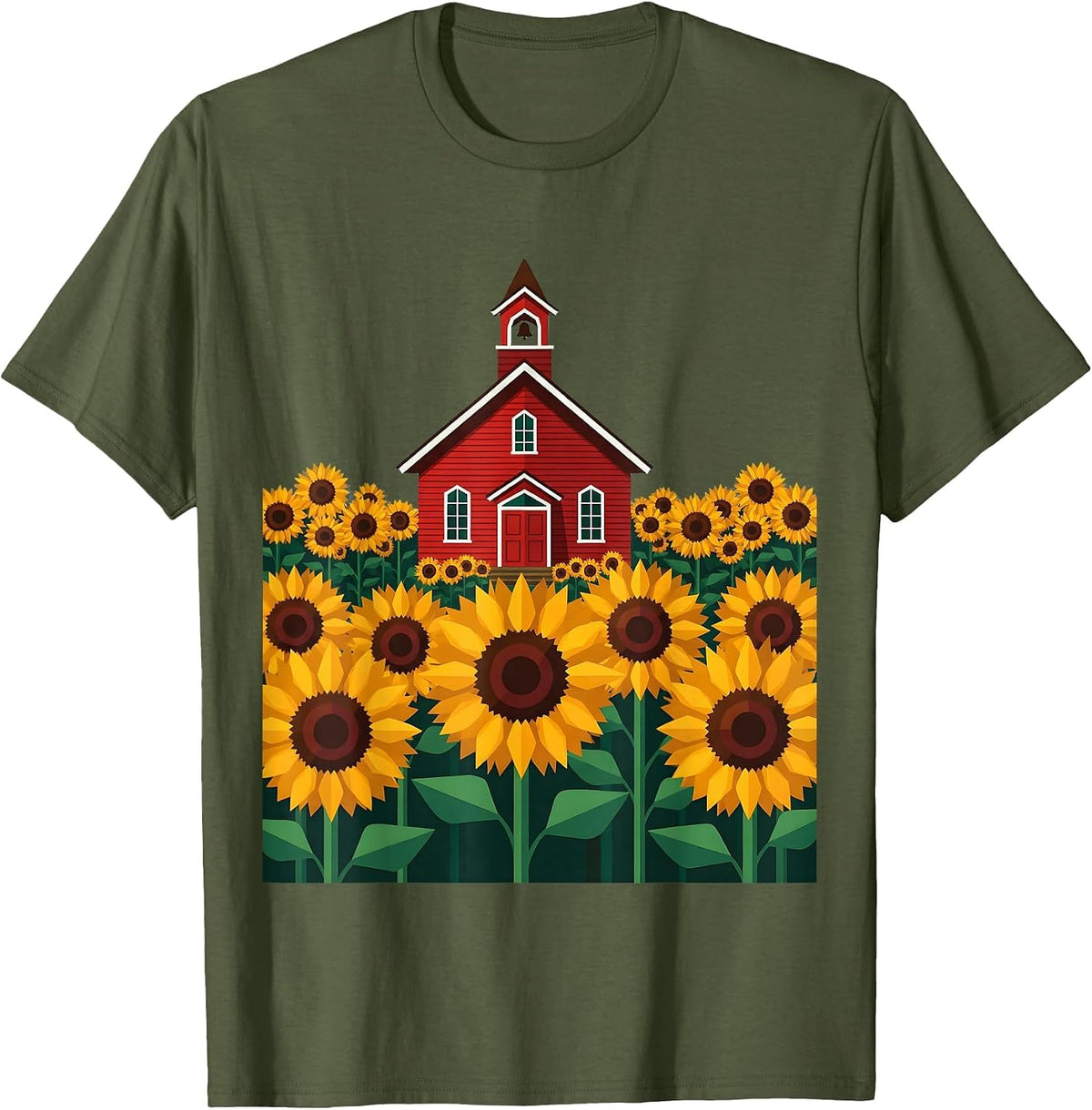 2nd Grade Teacher Sunflower Schoolhouse Design T-Shirt - Olive Green