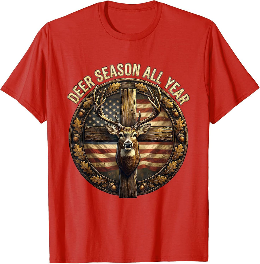 Men's Deer Season All Year Hunting Graphic Design T-Shirt - Red