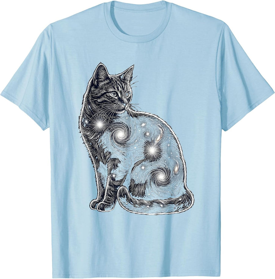 Men's Galaxy Cat Silhouette Cosmic Space Universe Design T-Shirt - Baby Blue