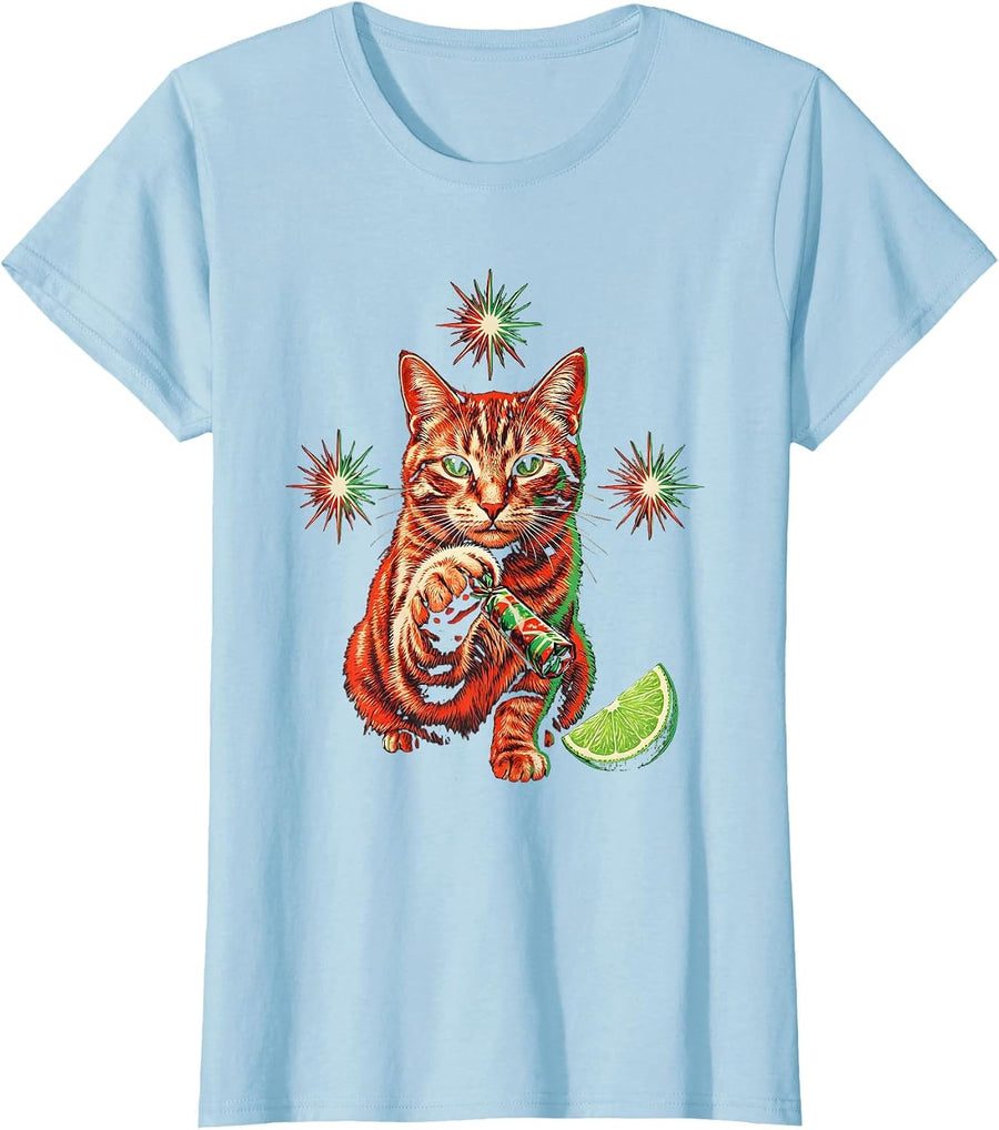 Women's Cute Fiesta Cat Party Favor Cinco De Mayo Humor T-Shirt - Baby Blue