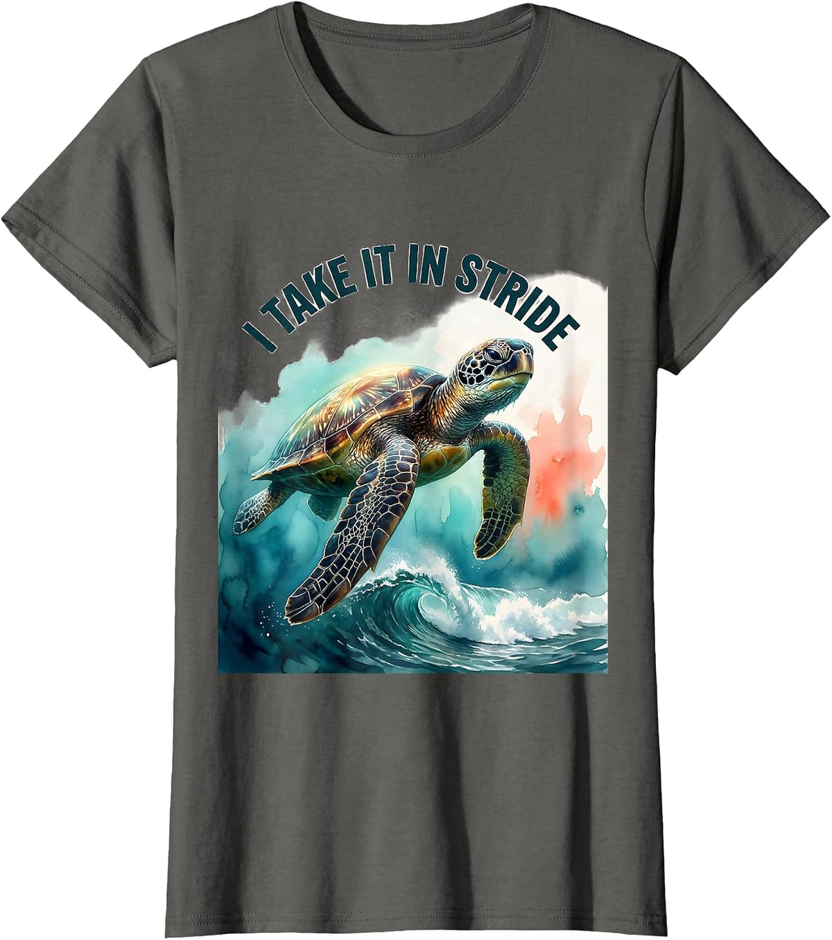 Women's I Take It In Stride Watercolor Sea Turtle Tropical Vacation T-Shirt - Asphalt Grey