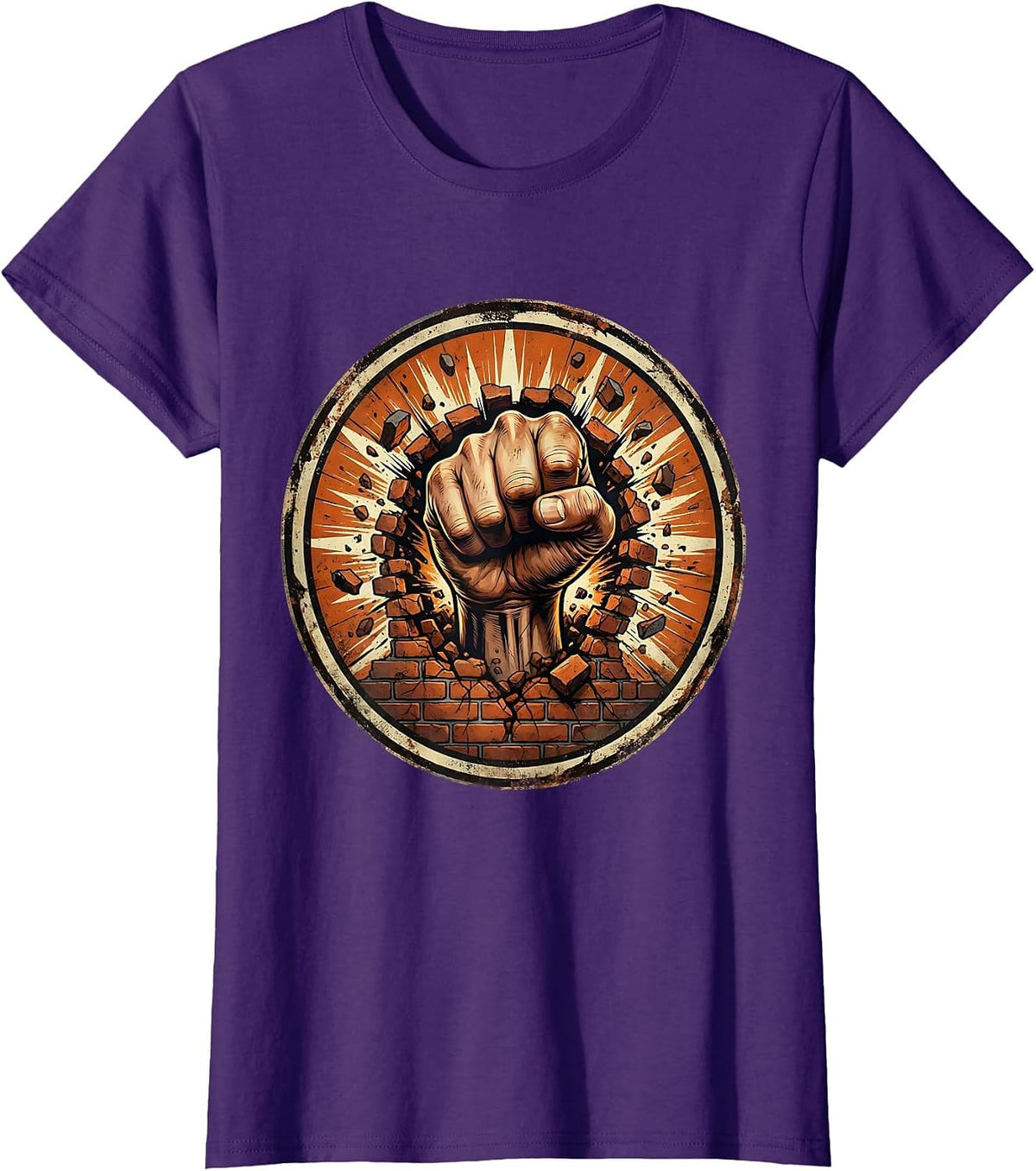 Women's 80s Rock Fist Through Brick Wall Graphic T-Shirt - Purple