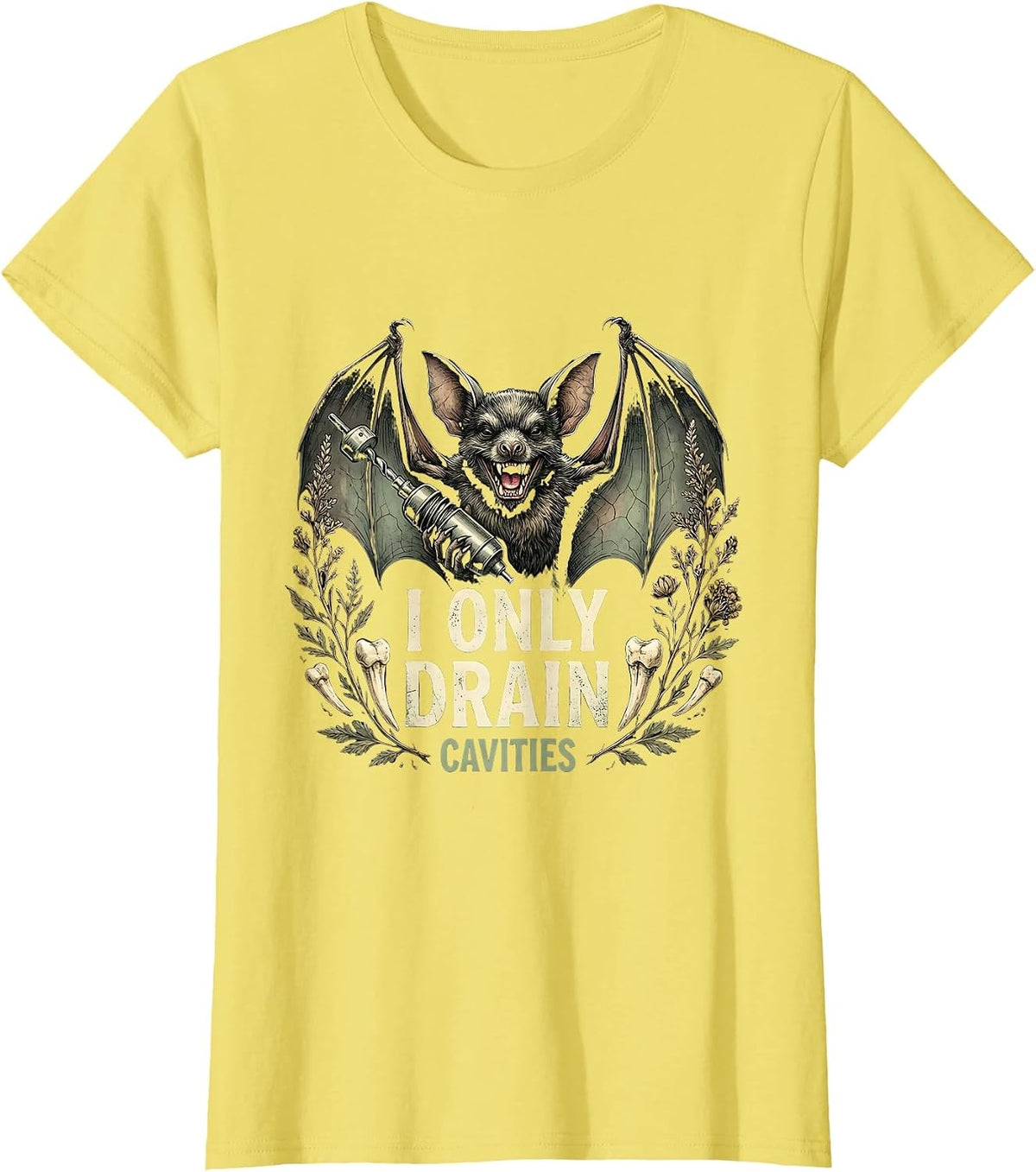 I Only Drain Cavities Halloween Vampire Dentist T-Shirt - Lemon Yellow