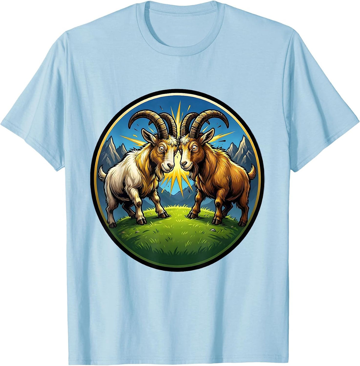 Men's Dueling Goats Locking Horns on a Hilltop T-Shirt - Baby Blue