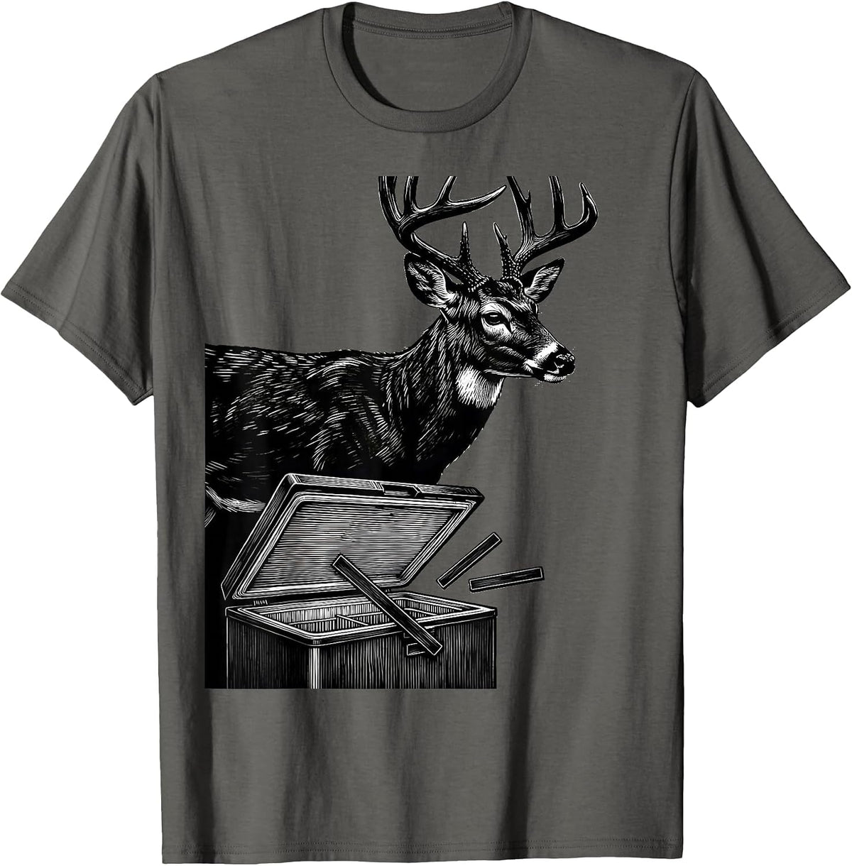 Men's Whitetail Buck Freezer Chest Funny Deer Hunter Humor T-Shirt - Asphalt Grey