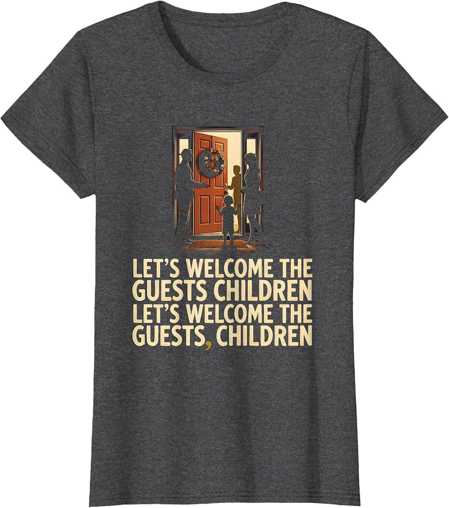 Women's Let's Welcome Guests Grammar Teacher Punctuation Humor T-Shirt - Dark Heather Grey