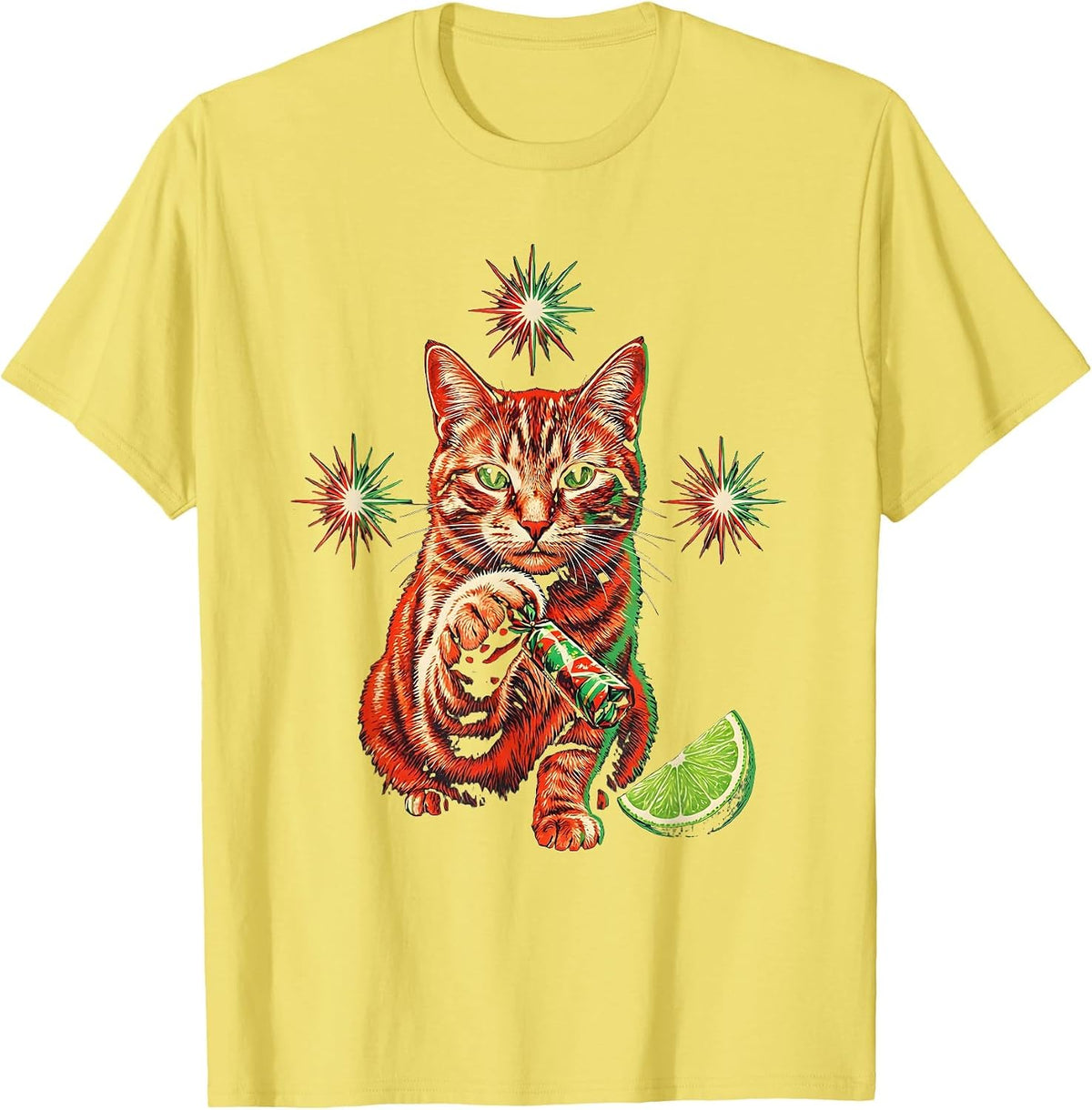 Men's Cute Fiesta Cat Party Favor Cinco De Mayo Humor T-Shirt - Lemon Yellow