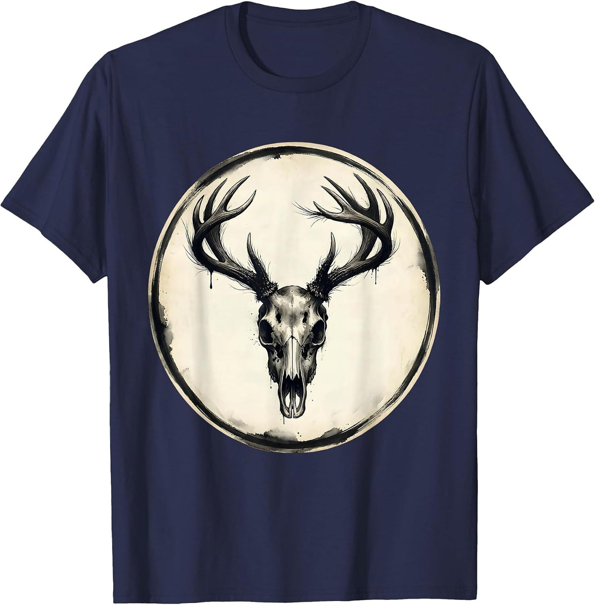 Deer Skull Antler Rack Hunting Graphic T-Shirt - Navy Blue