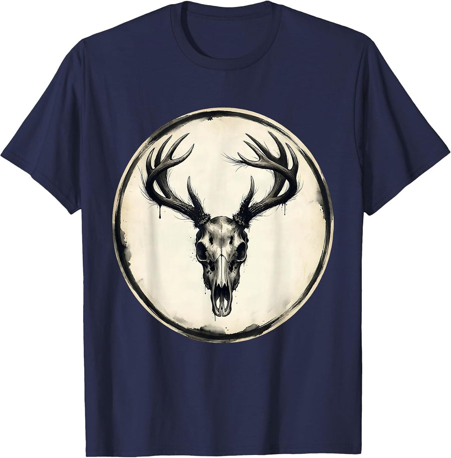 Deer Skull Antler Rack Hunting Graphic T-Shirt - Navy Blue