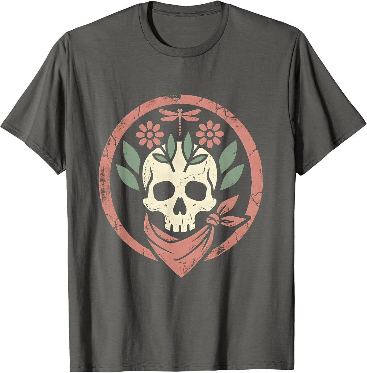 Cowgirl Skull Floral Bandana Western Design T-Shirt - Asphalt Grey