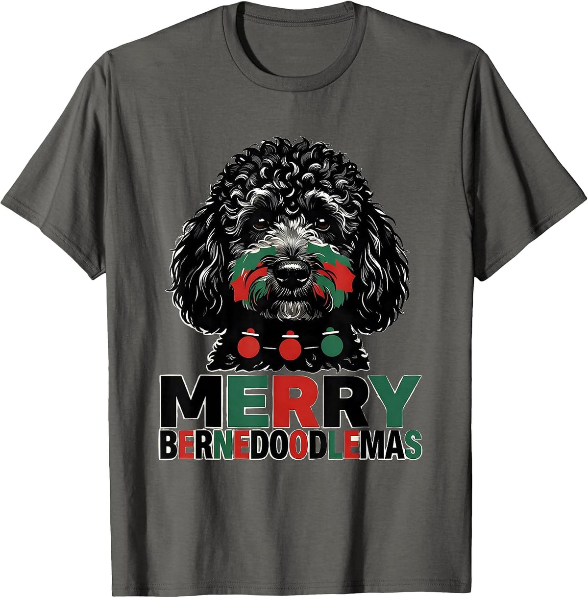 Men's Merry Bernedoodlemas Funny Christmas Dog Breed Humor T-Shirt - Asphalt Grey