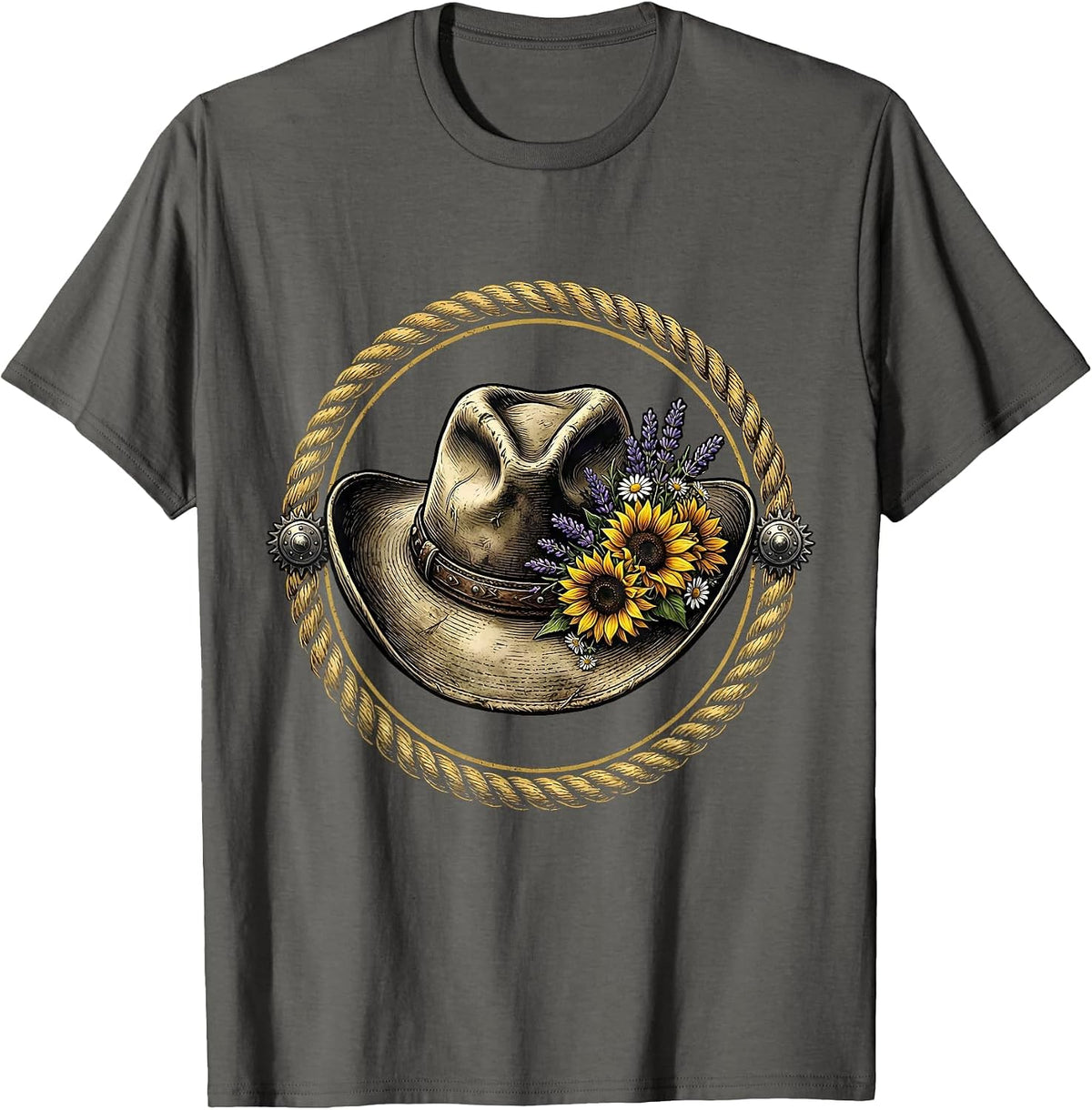 Cowboy Hat Wildflowers Western Bohemian Design T-Shirt - Asphalt Grey