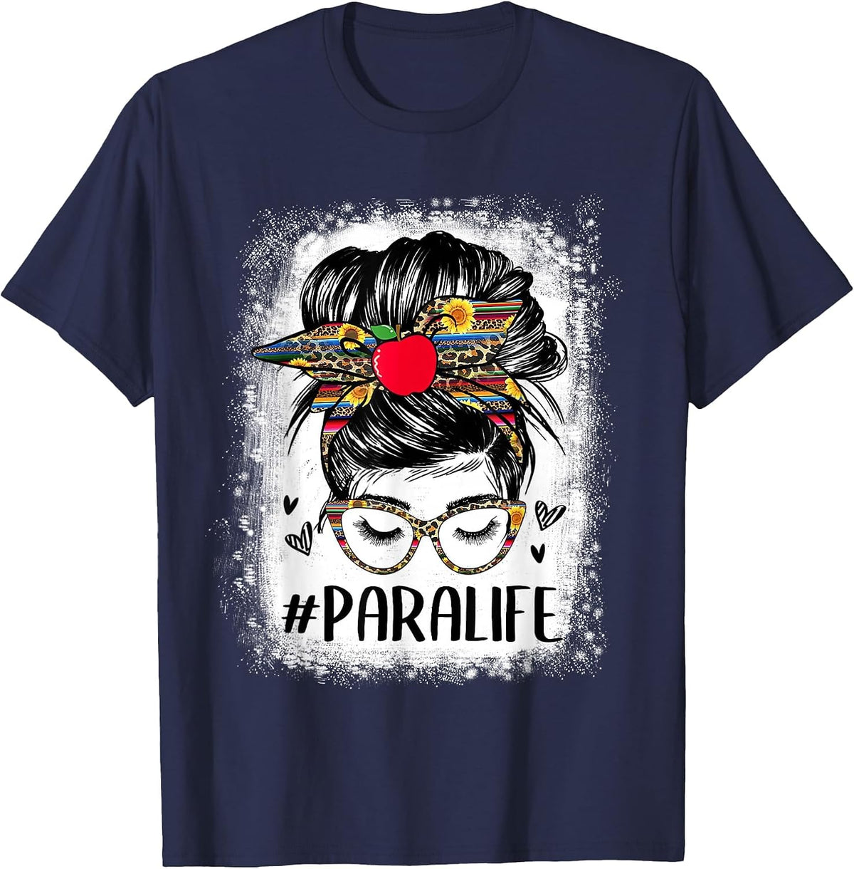 Bleached Teacher para Life Paraprofessional Cute Messy Bun T-Shirt - Navy Blue