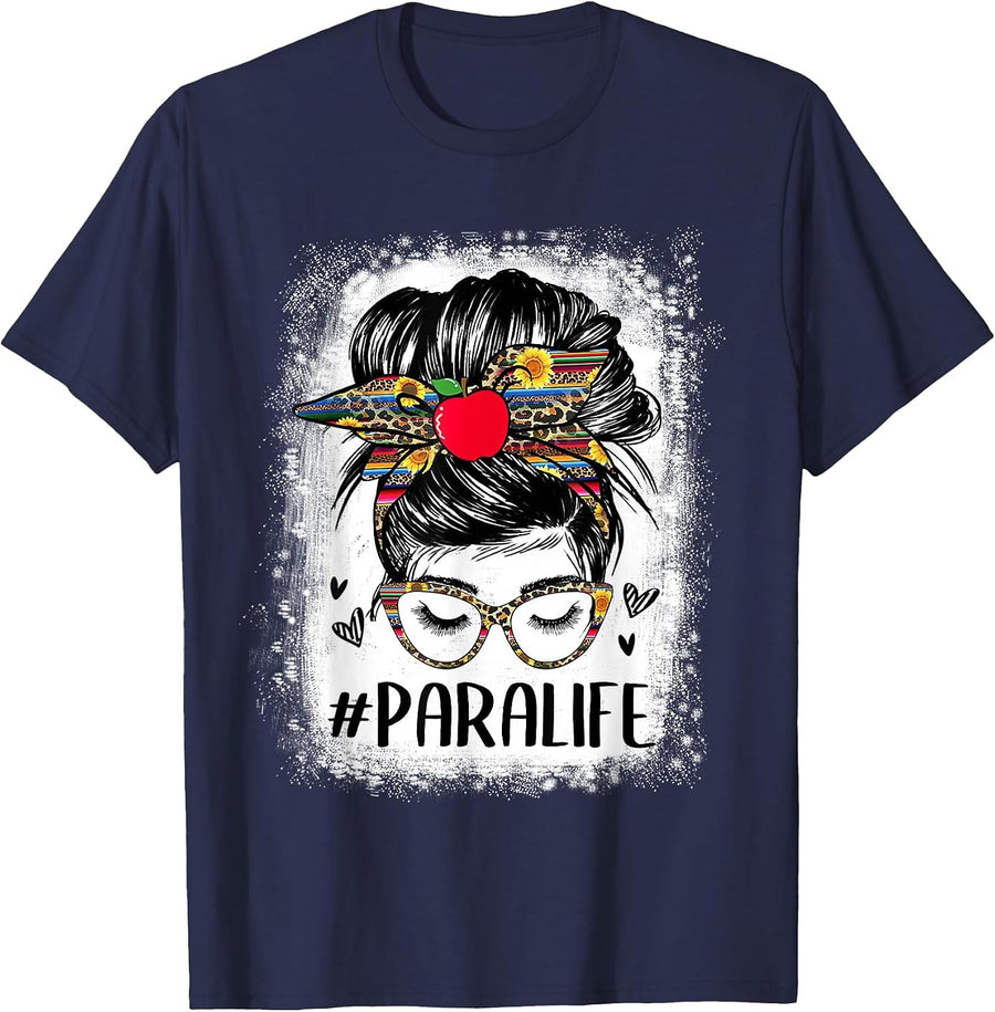 Bleached Teacher para Life Paraprofessional Cute Messy Bun T-Shirt - Navy Blue