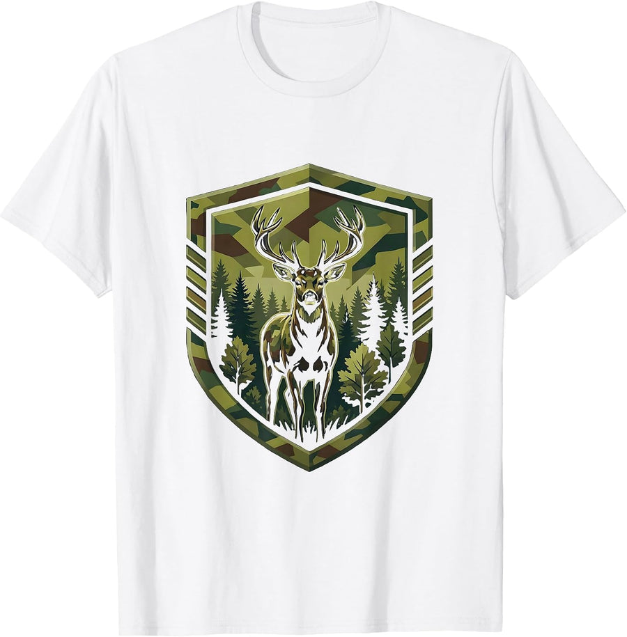 Camo Deer Silhouette Forest Hunting Design T-Shirt - White