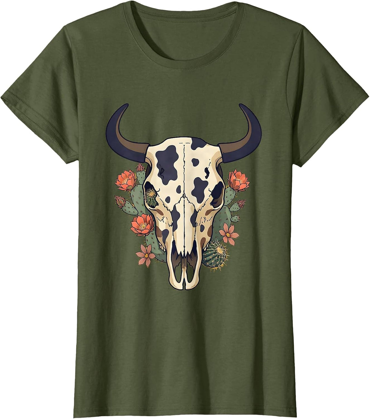 Women's Cow Skull Desert Flowers Cow Print Graphic T-Shirt - Olive Green