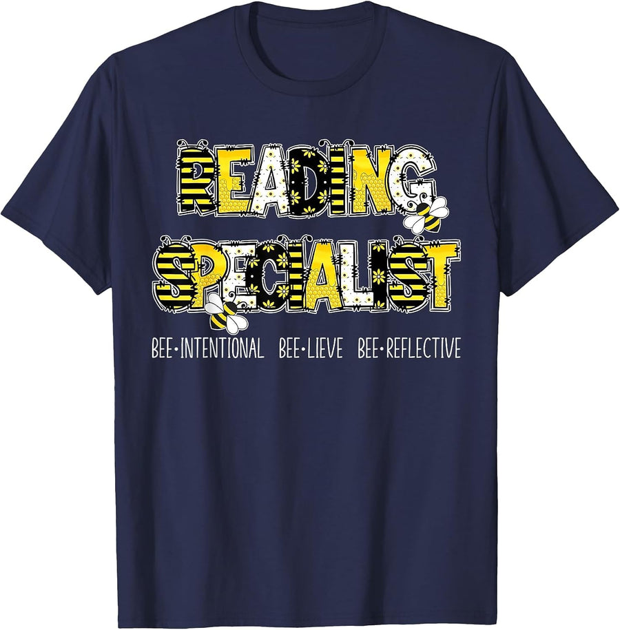 Retro Reading Specialist Bee Reading Interventionist Squad T-Shirt - Navy Blue