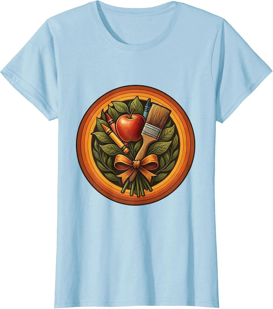 Women's Preschool Teacher Apple Crayon Paintbrush Bouquet T-Shirt - Baby Blue