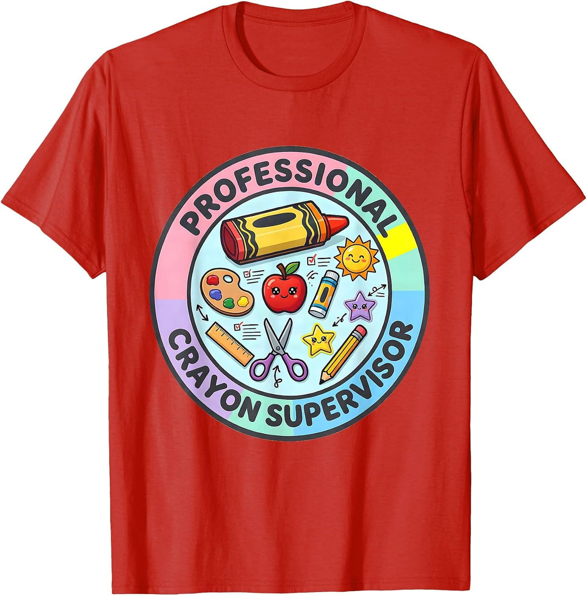 Men's Professional Crayon Supervisor Preschool Teacher T-Shirt - Red