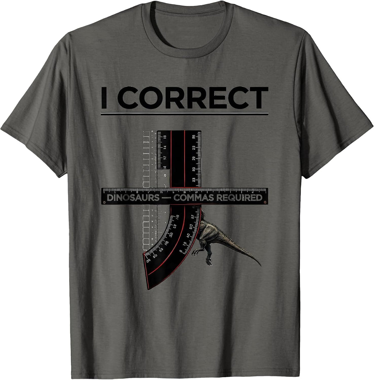 Men's I Correct Dinosaurs Commas Required Funny Grammar Teacher T-Shirt - Asphalt Grey