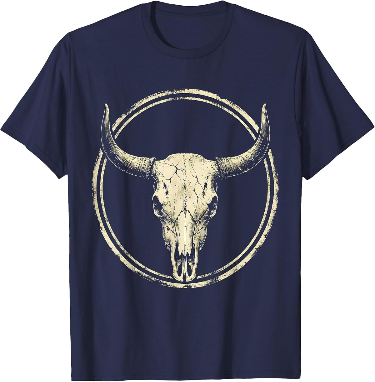 Men's Cow Skull Desert Wildflowers Western Boho Design T-Shirt - Navy Blue