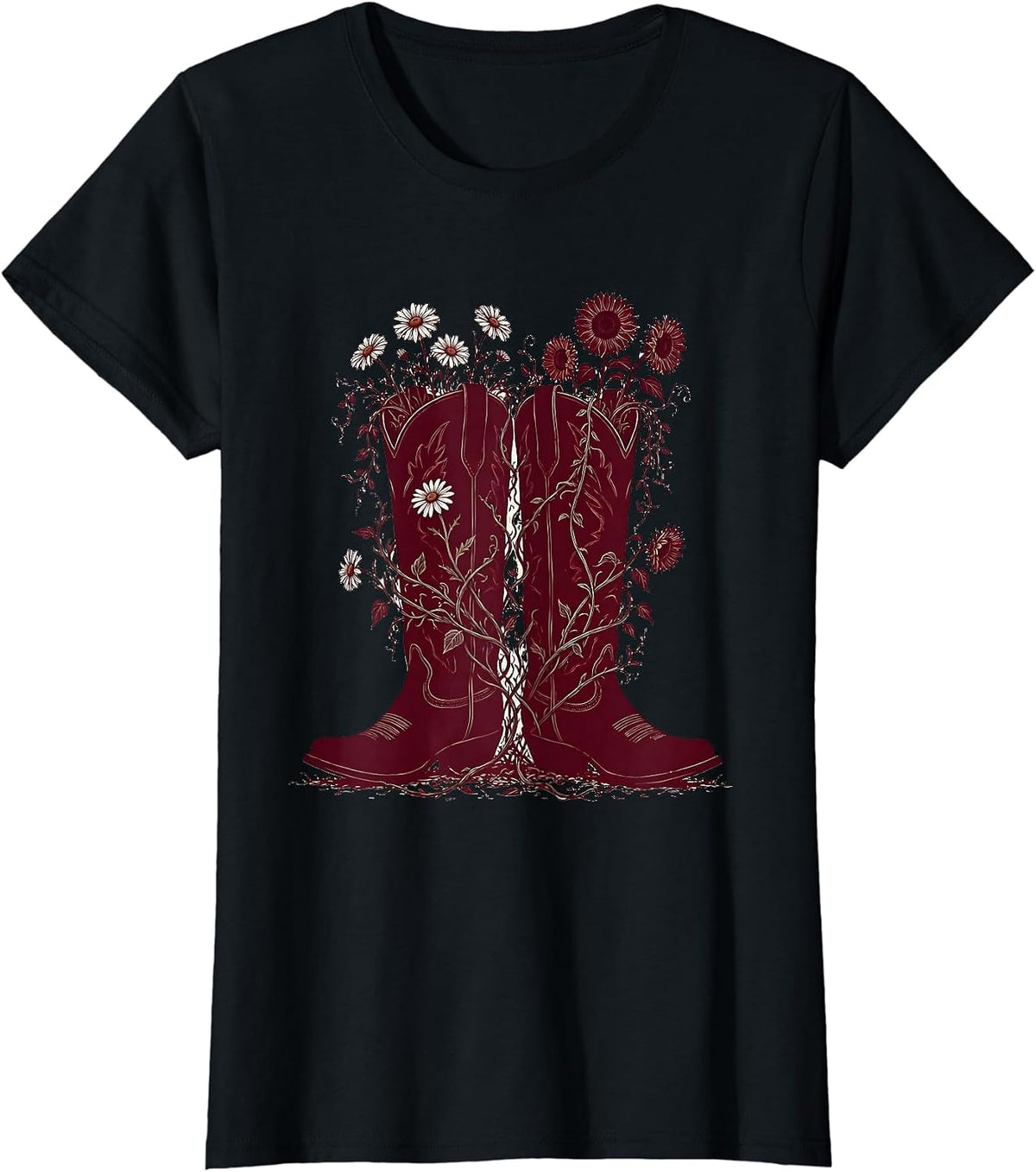 Red Cowboy Boots Wildflower Vines Country Music Art T-Shirt - Black