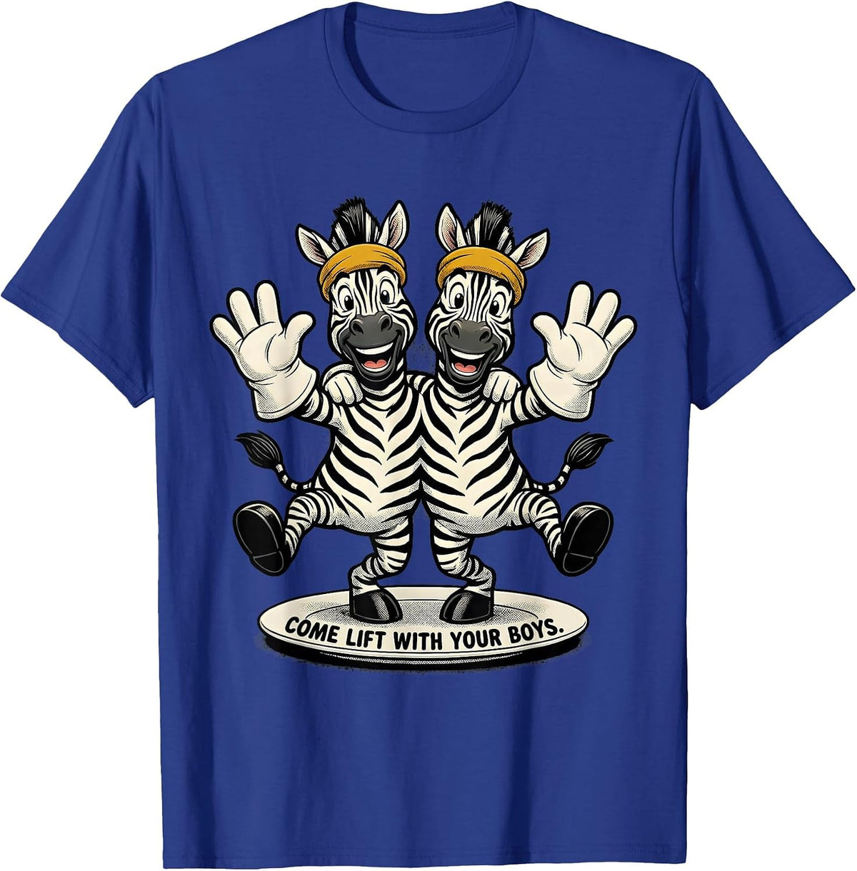 Men's Come Lift With Your Boys Retro Cartoon Zebra Duo Gym Humor T-Shirt - Royal Blue