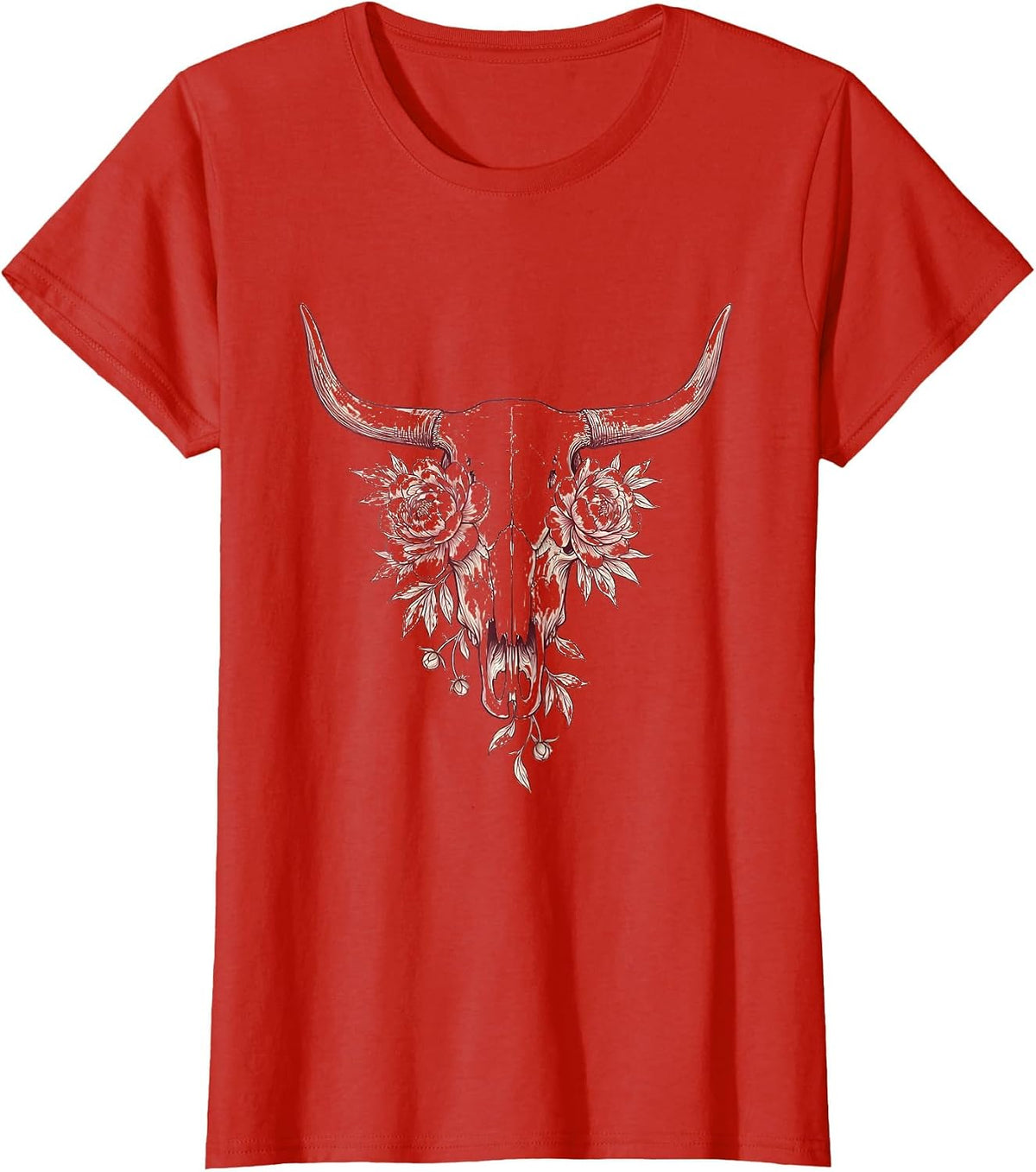 Women's Cow Skull Blooming Peonies Western Floral Design T-Shirt - Red