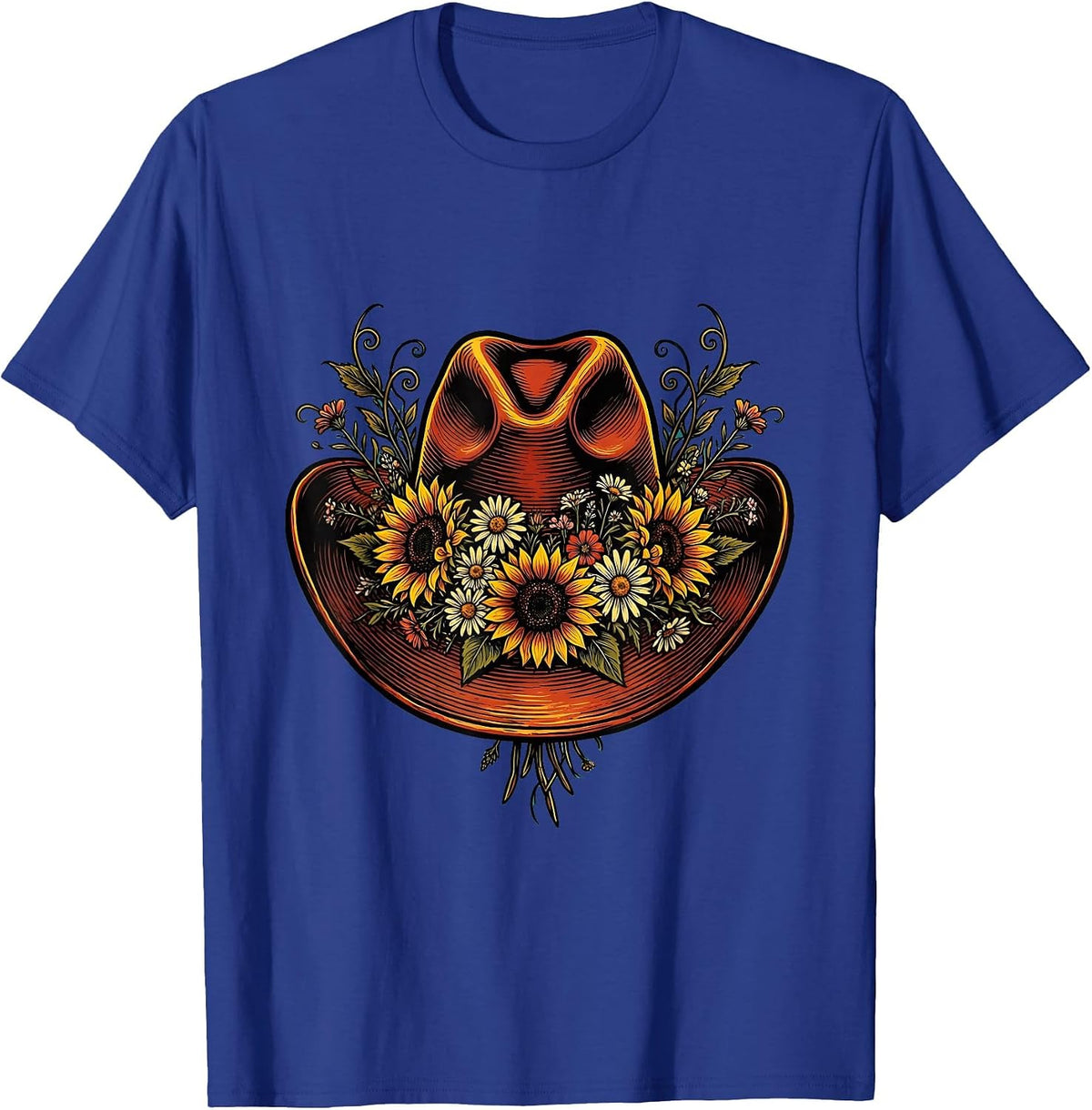 Cowgirl Hat With Wildflowers Boho Western Design T-Shirt - Royal Blue