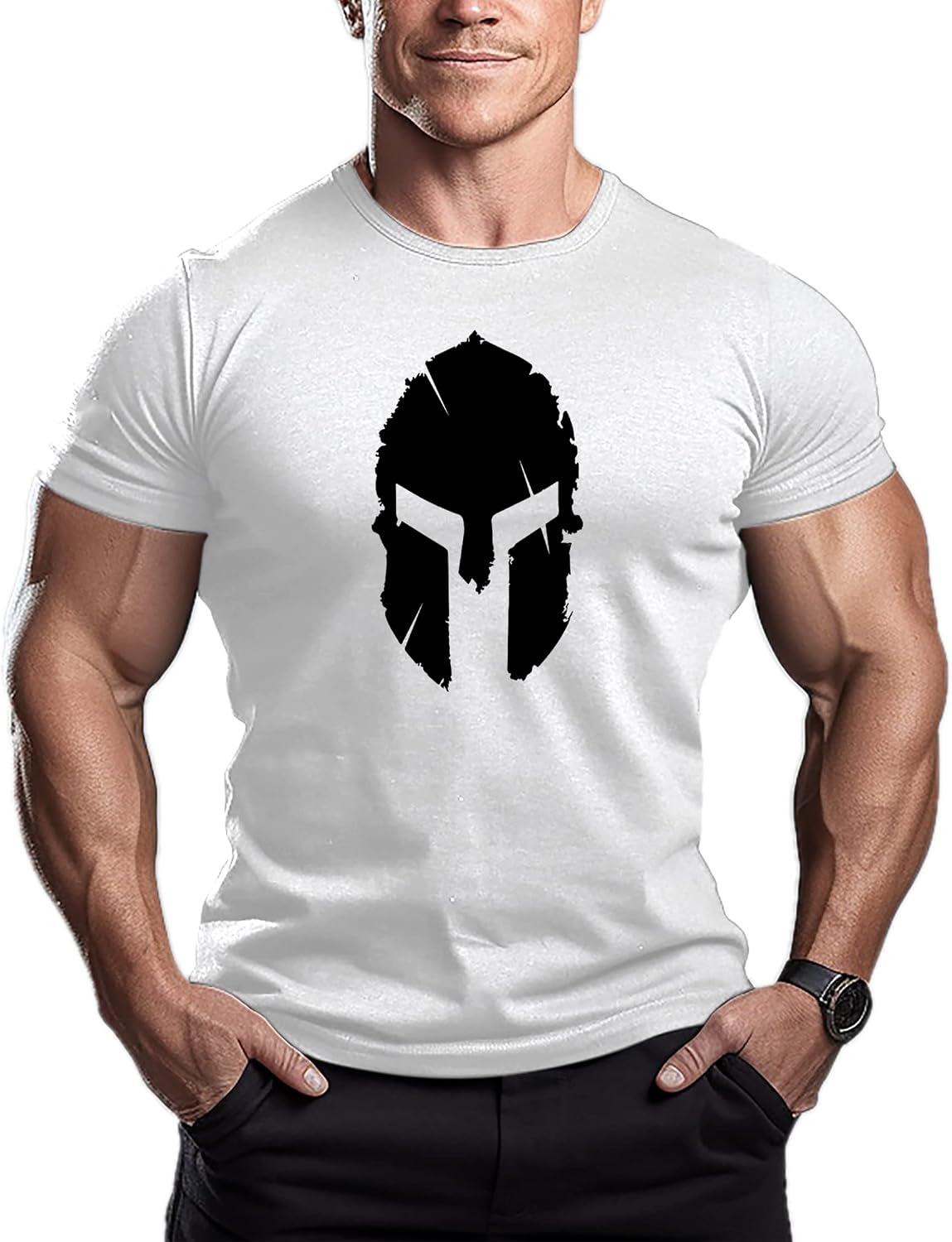 ReedCA Spartan Helmet - Mens Bodybuilding T-Shirt - Gym Training Top Fitness - White