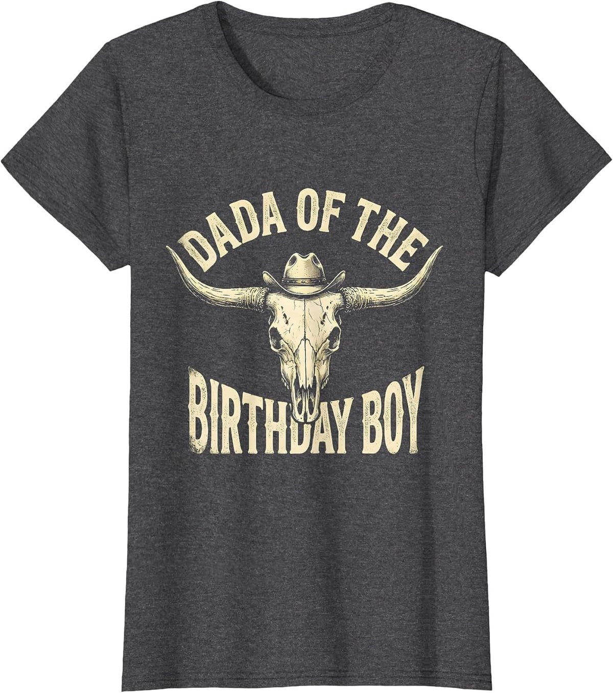 Women's Dada Of The Birthday Boy Boho Western Mono Farm Cow 1st T-Shirt - Dark Heather Grey