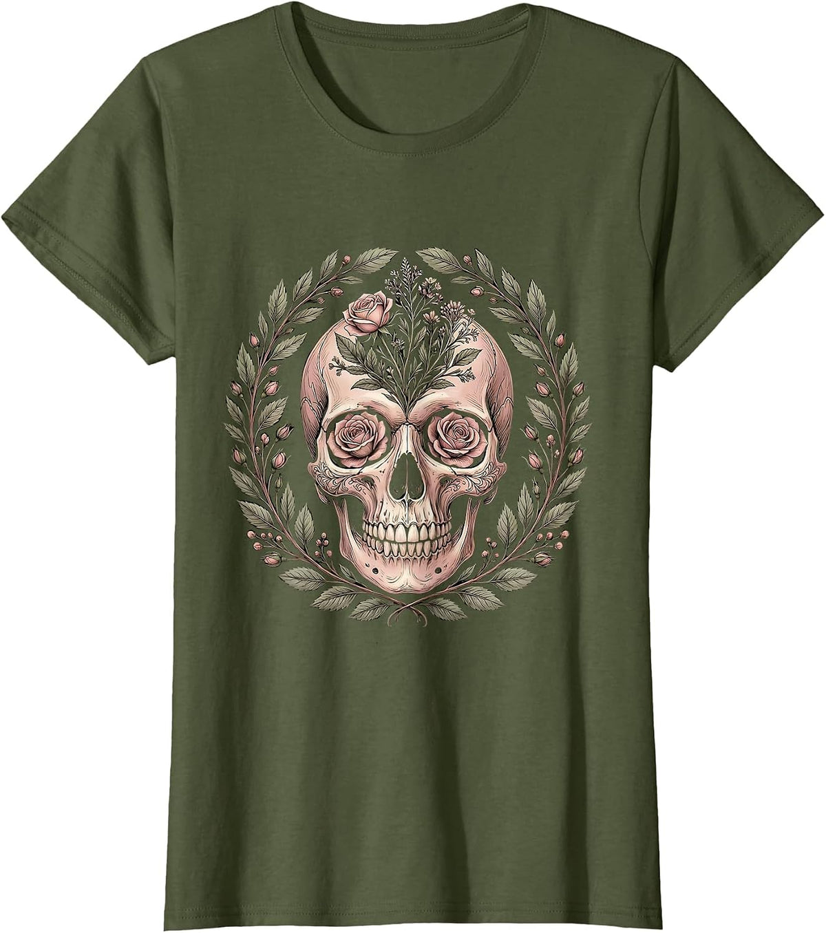 Women's Floral Skull Howdy Western Gothic Design T-Shirt - Olive Green